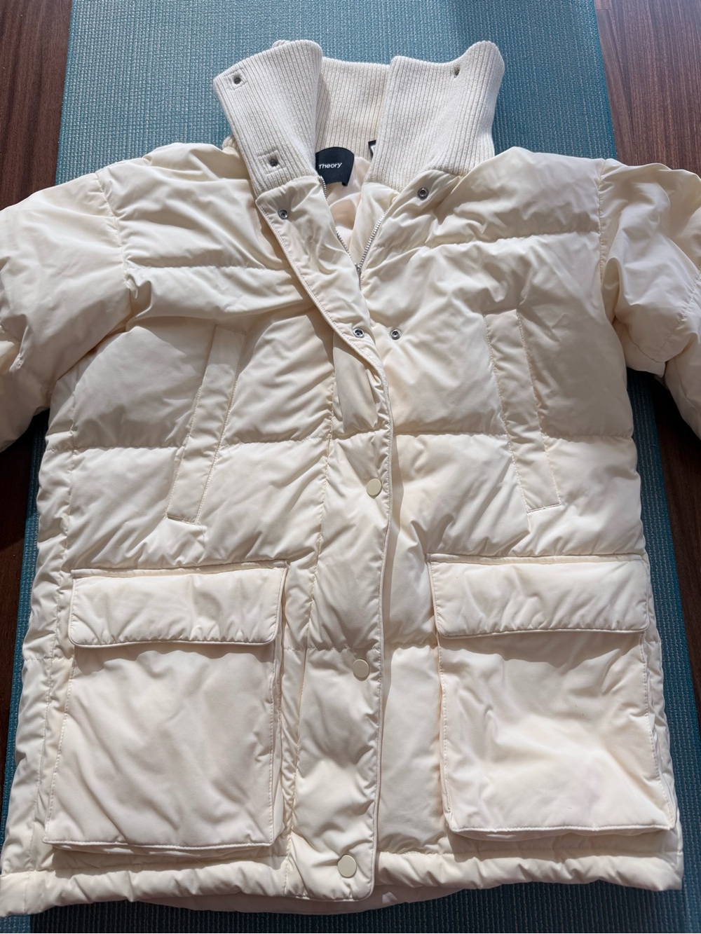 Theory Cream Quilted Puffer Jacket with Ribbed High Collar